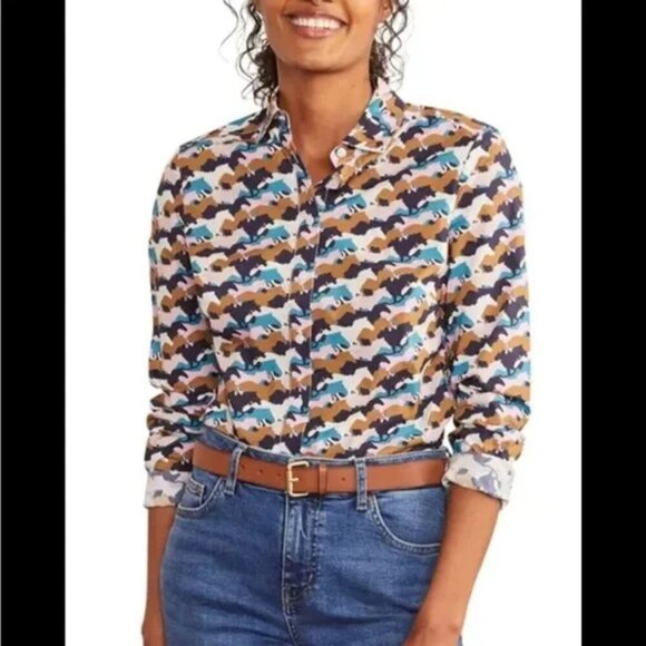 Boden The Classic Modern Running Horse Print Cotton Button Down Shirt Multi 12P - Picture 1 of 11